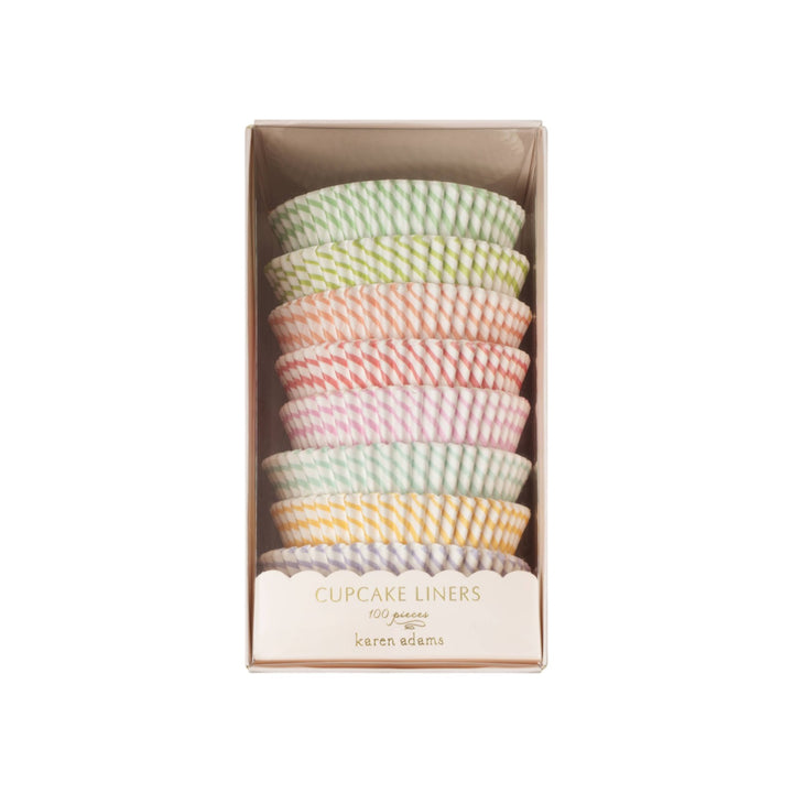 The Tiny Finch round pastel stripe cupcake liners in a clear display box, set of 100 disposable baking cups.