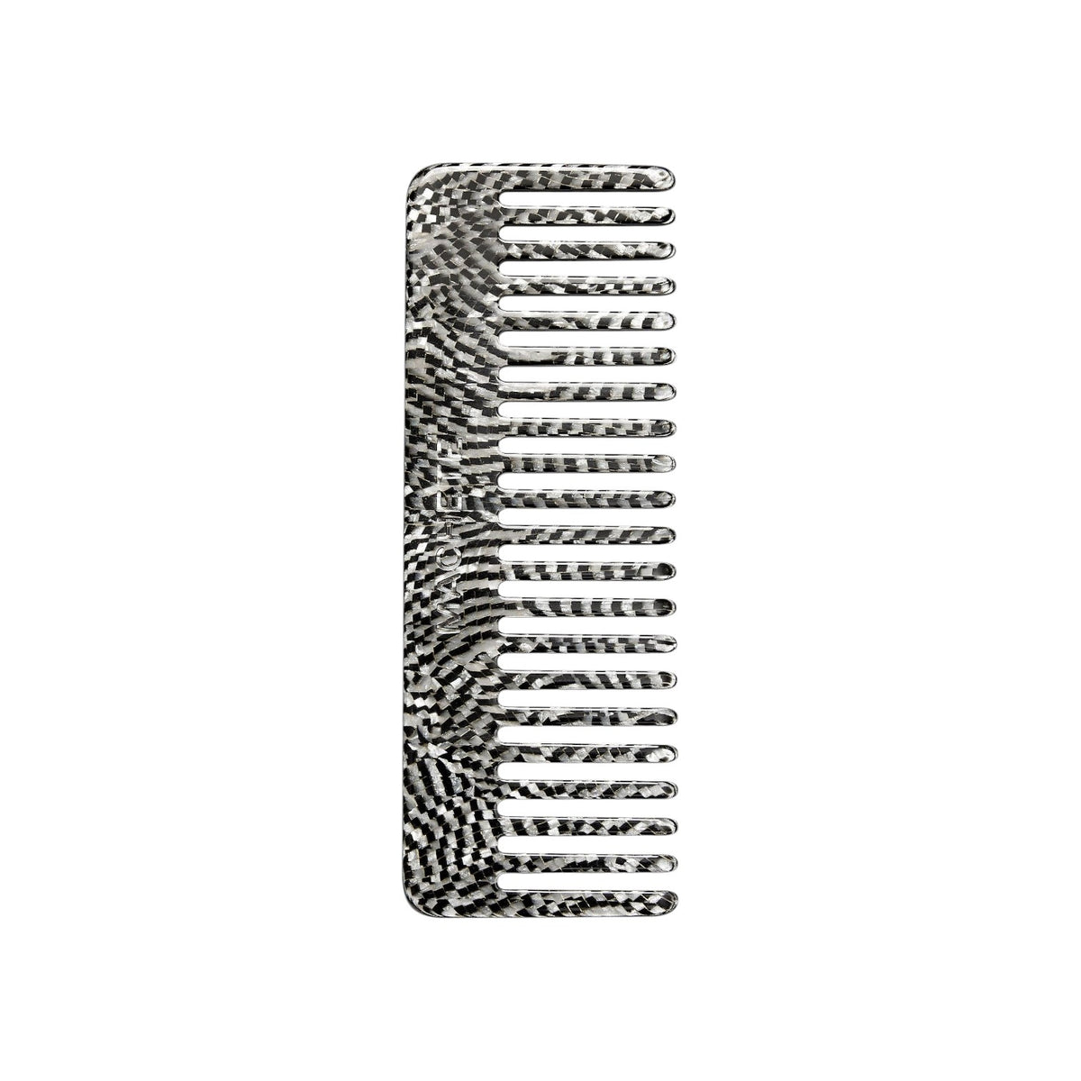 The Tiny Finch Comb Perle Noir wide-tooth hair comb in a black and white checkered Italian acetate pattern.