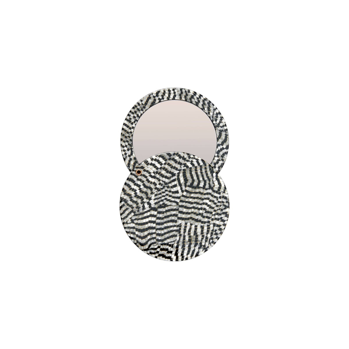 The Tiny Finch circular pocket mirror in Perle Noir featuring a black and white patterned Italian acetate swivel case.