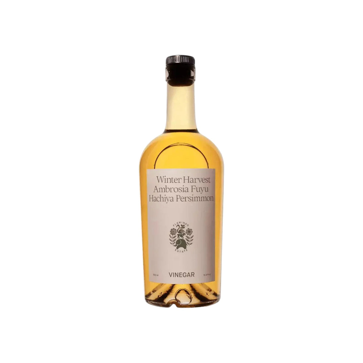 The Tiny Finch raw persimmon vinegar in a glass bottle with a minimalist label featuring botanical illustrations.