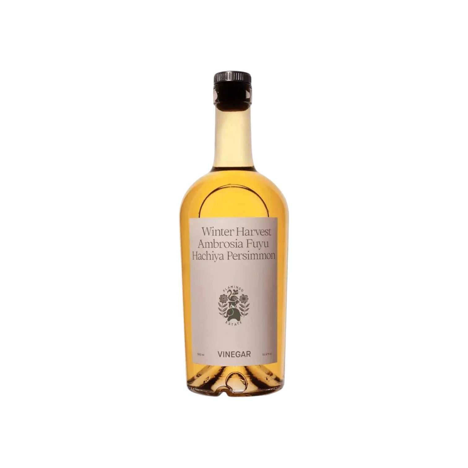 The Tiny Finch raw persimmon vinegar in a glass bottle with a minimalist label featuring botanical illustrations.