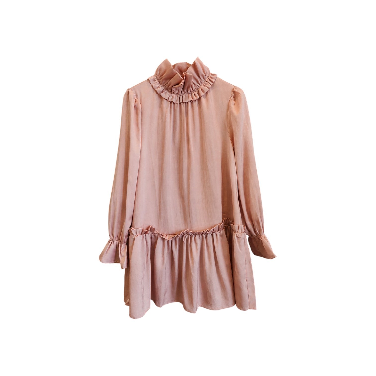 The Tiny Finch Demi pink dress featuring a high ruffled collar, long sleeves, and a drop-waist ruffled hem.