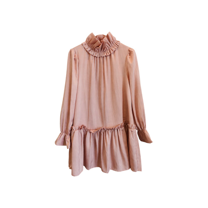 The Tiny Finch Demi pink dress featuring a high ruffled collar, long sleeves, and a drop-waist ruffled hem.