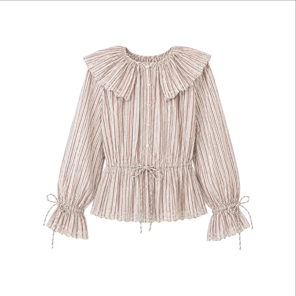 The Tiny Finch Delphi blouse in pink striped cotton voile with a ruffled collar, drawstring waist, and puff sleeves.