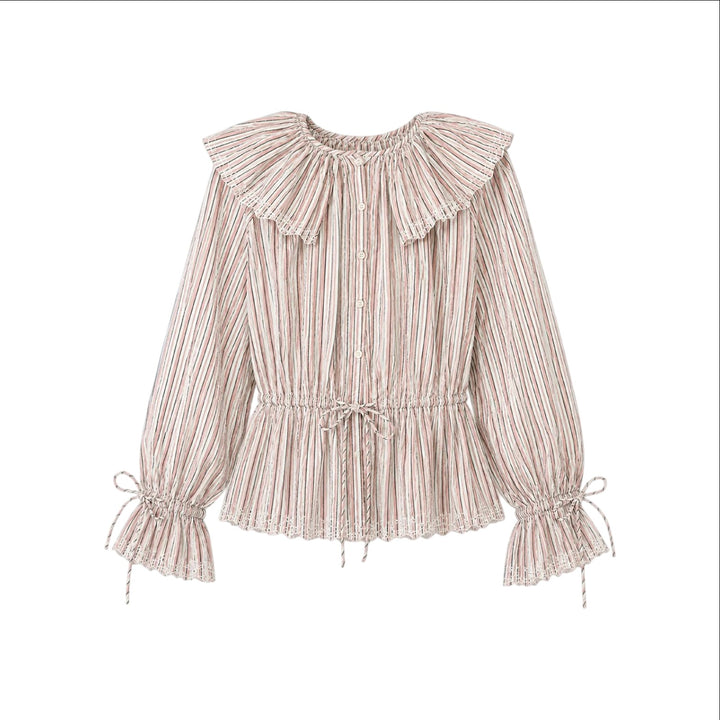 The Tiny Finch Delphi blouse in pink striped cotton voile with a ruffled collar, drawstring waist, and puff sleeves.