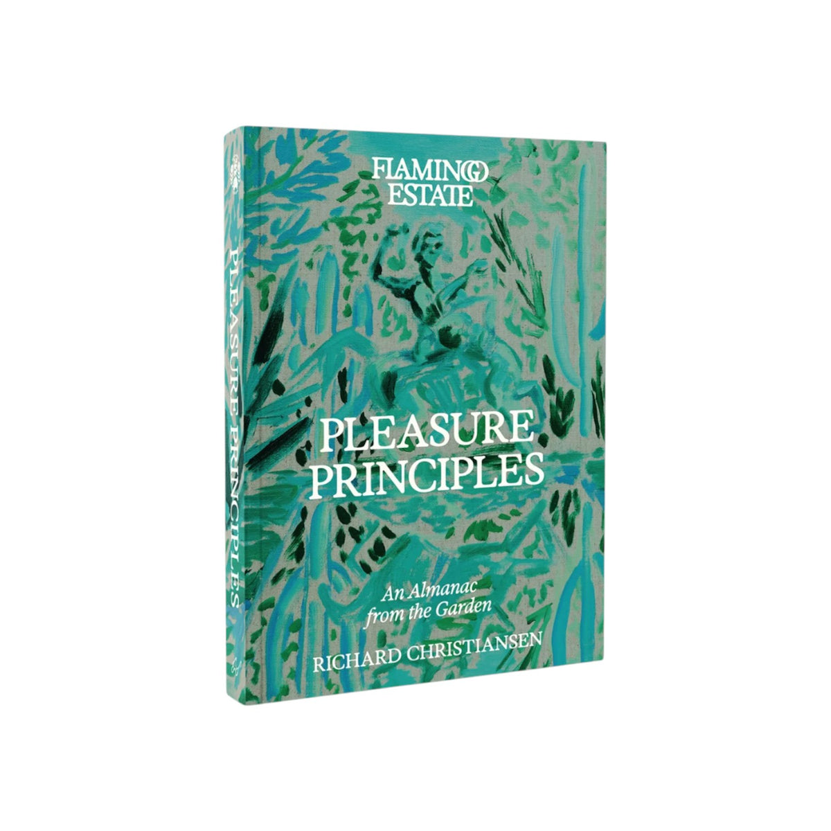The Tiny Finch Pleasure Principles book featuring green and blue abstract garden artwork on a hardcover dust jacket.