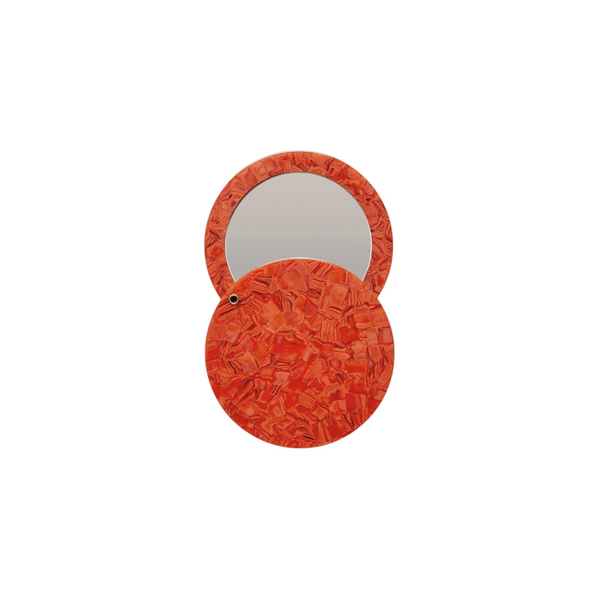 The Tiny Finch poppy red circular pocket mirror made from handmade Italian acetate with a swivel opening mechanism.