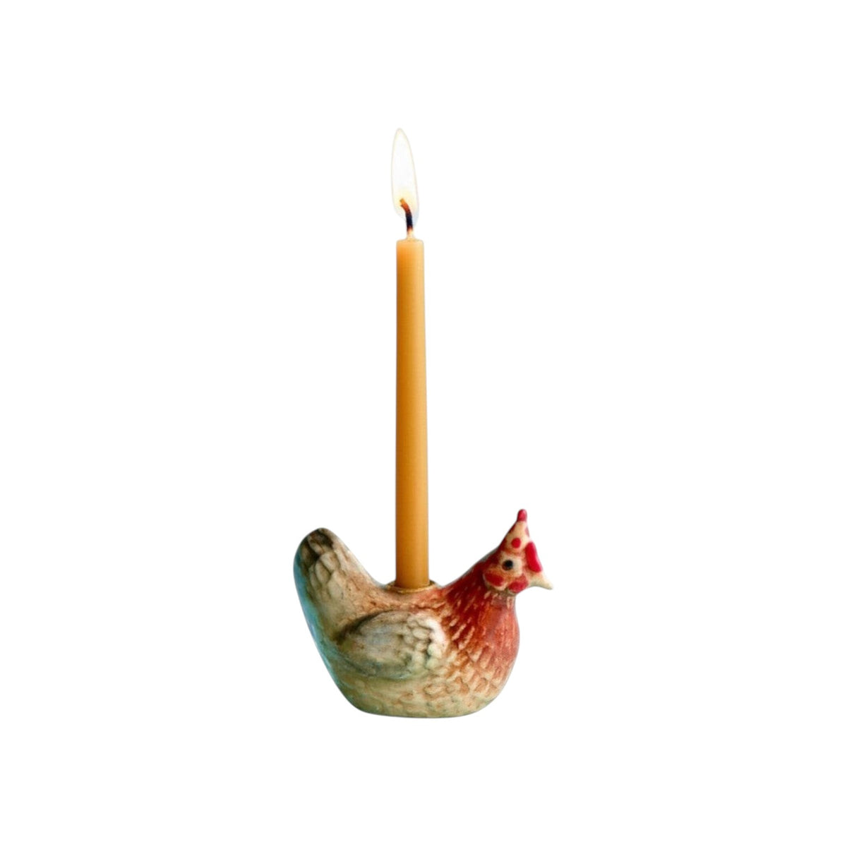 The Tiny Finch hand-painted porcelain rooster cake topper holding a lit taper candle for special occasions.