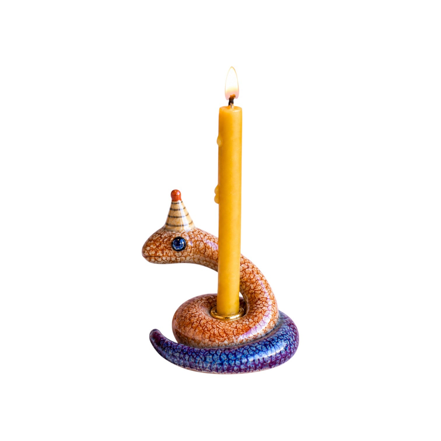 The Tiny Finch hand-painted porcelain snake cake topper with a party hat holding a lit yellow taper candle.