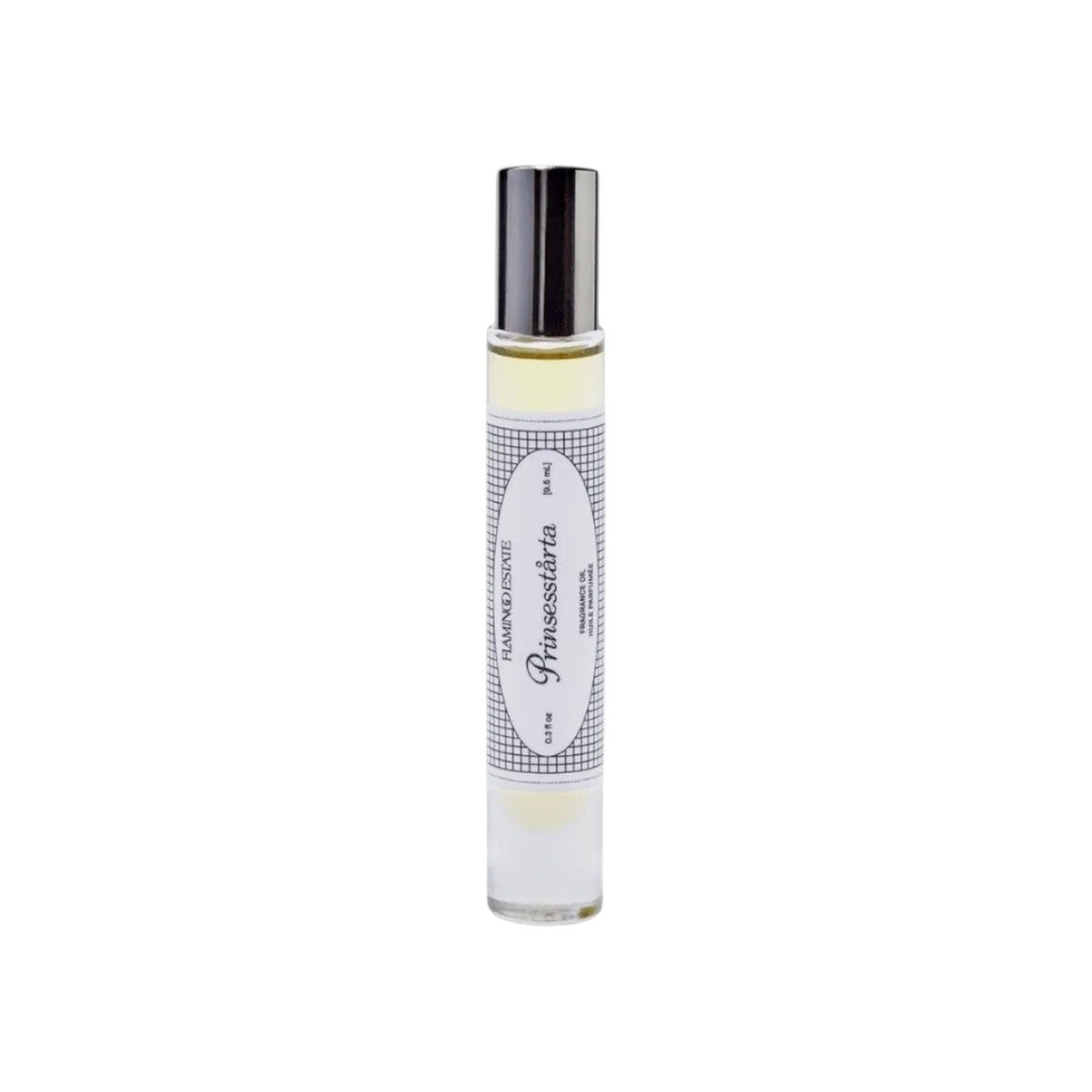 The Tiny Finch Flamingo Estate Prinsesstårta fragrance oil in a clear glass rollerball bottle with a black cap.