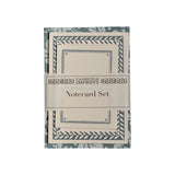 The Tiny Finch Quercus duck egg notecard set with patterned borders and coordinating envelopes in a paper band.