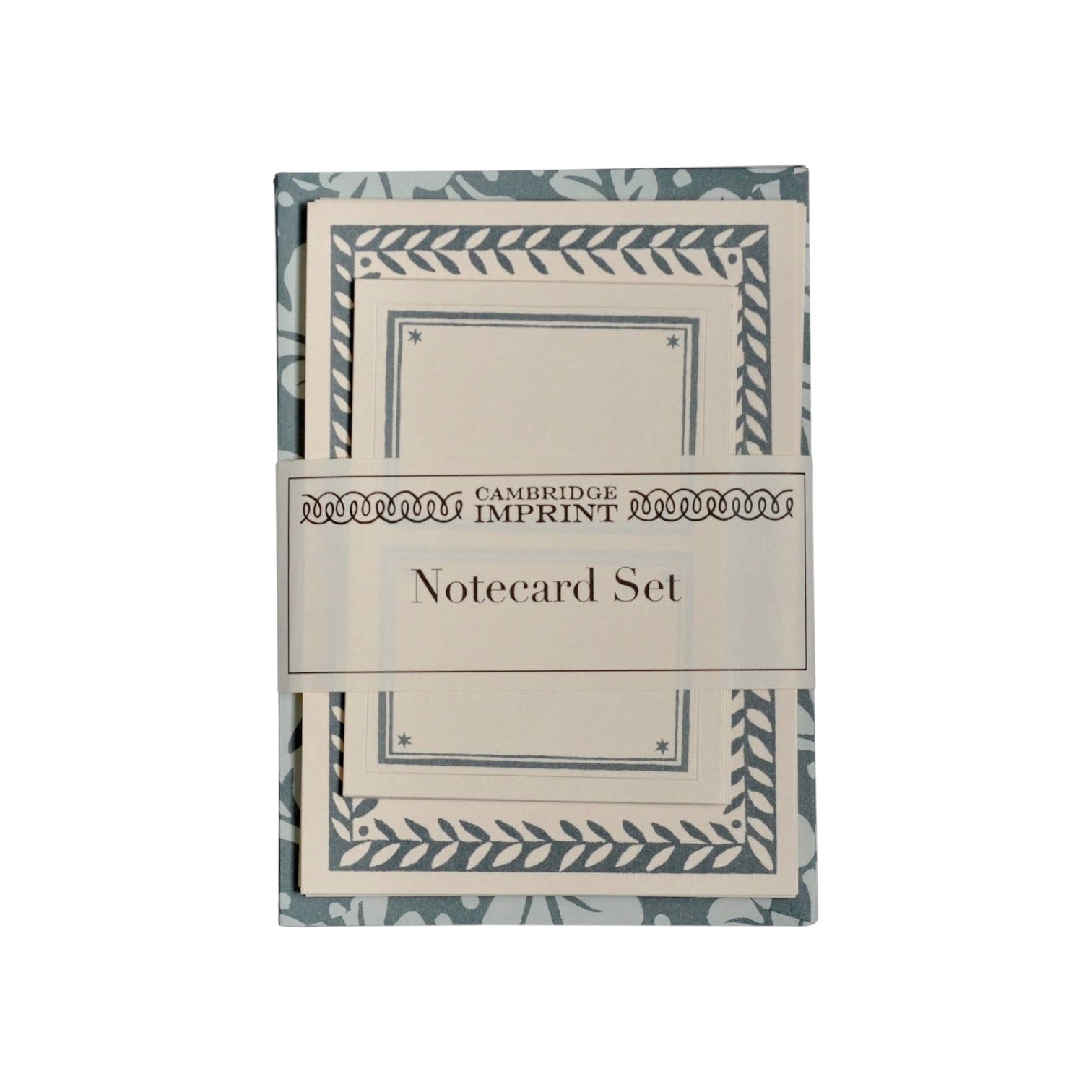 The Tiny Finch Quercus duck egg notecard set with patterned borders and coordinating envelopes in a paper band.