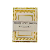 The Tiny Finch Cambridge Imprints notecard set in Quercus sap green with decorative gold patterned borders.