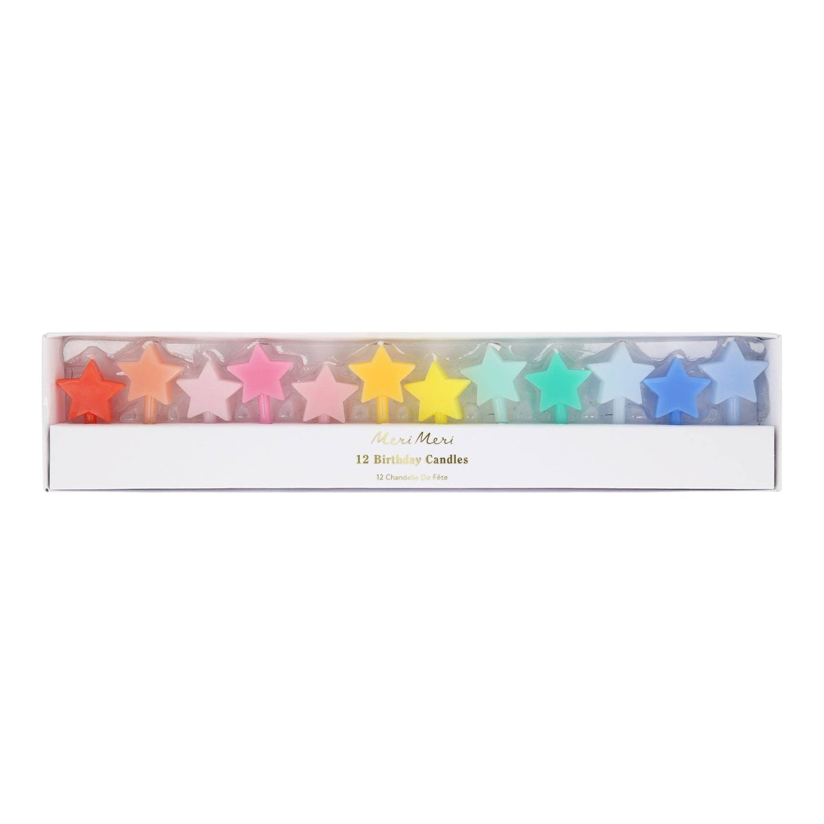 The Tiny Finch set of 12 colorful wax star-shaped birthday cake candles in a rainbow gradient of pastel shades.