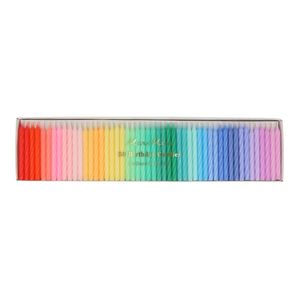 The Tiny Finch pack of 50 rainbow twisted mini birthday candles in a box, featuring 25 vibrant assorted colors.