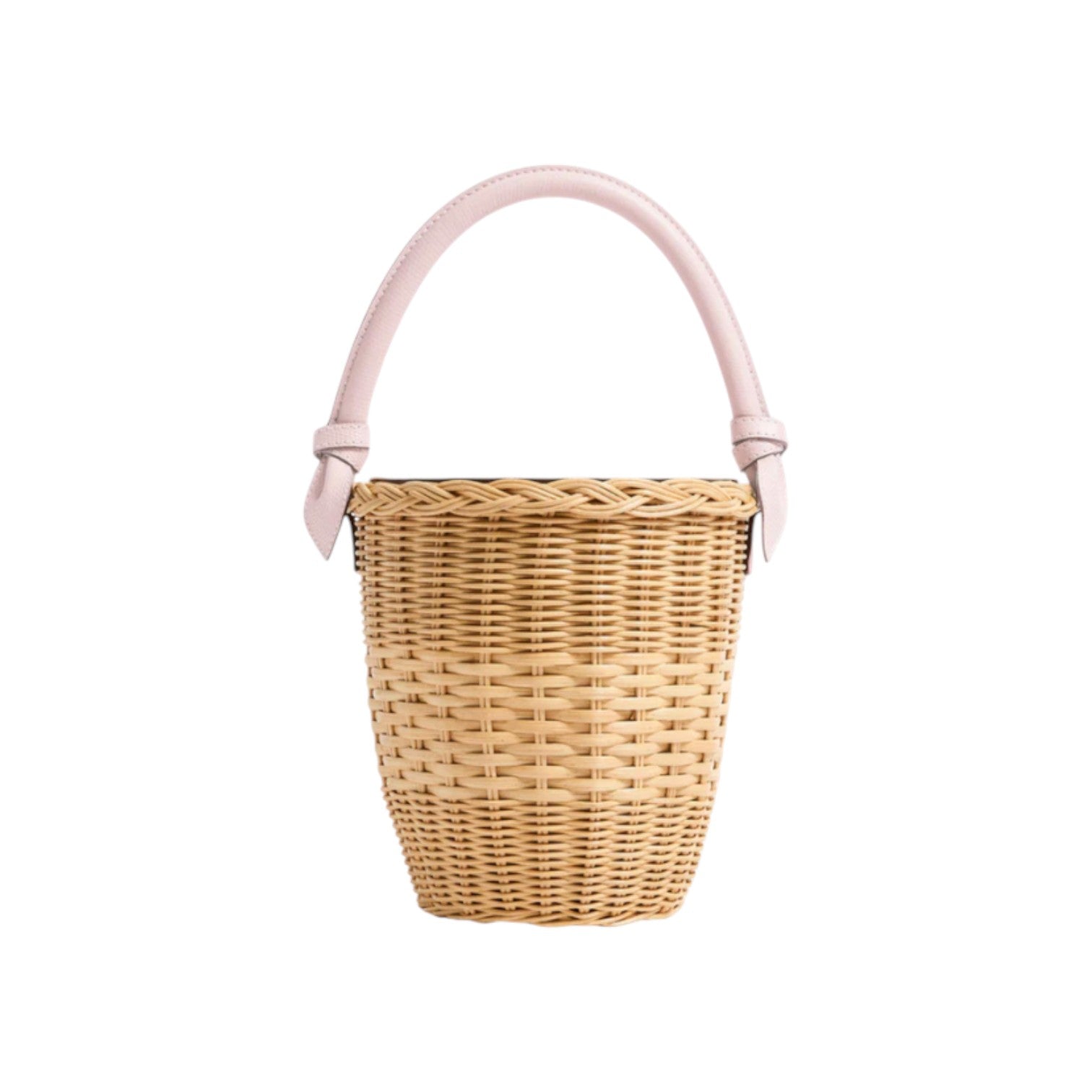 The Tiny Finch Jane Blush Bag, a handwoven rattan basket bag with a sculptural cloud blue lizard-embossed top handle.