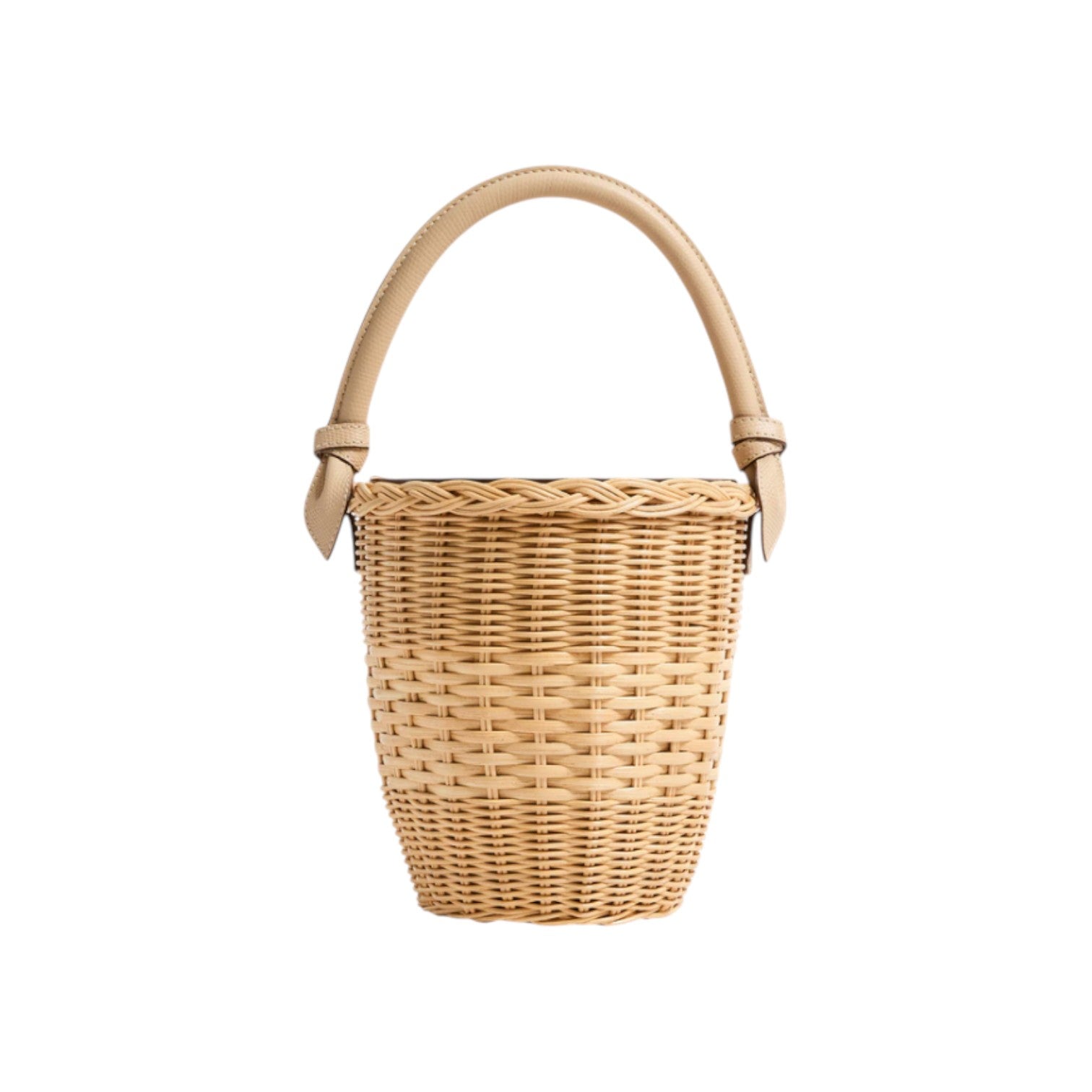 The Tiny Finch Jane Latte handwoven rattan basket bag with a lizard-embossed leather top handle and magnetic closure.
