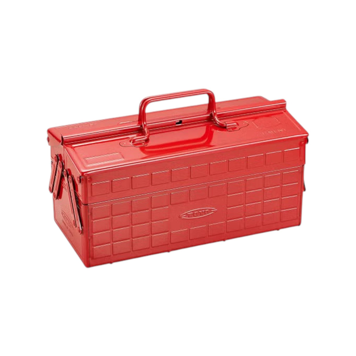 The Tiny Finch Toyo Steel ST-350 cantilever toolbox in bright red with a durable metal design and top handle.