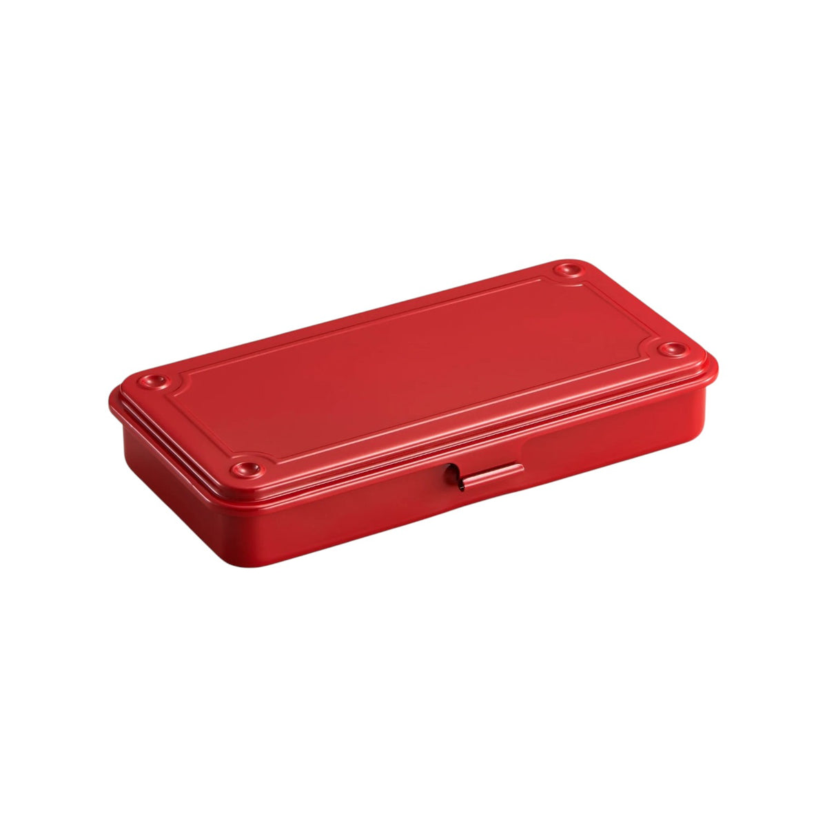 The Tiny Finch red steel stackable storage box with a slim rectangular design and secure latch closure.