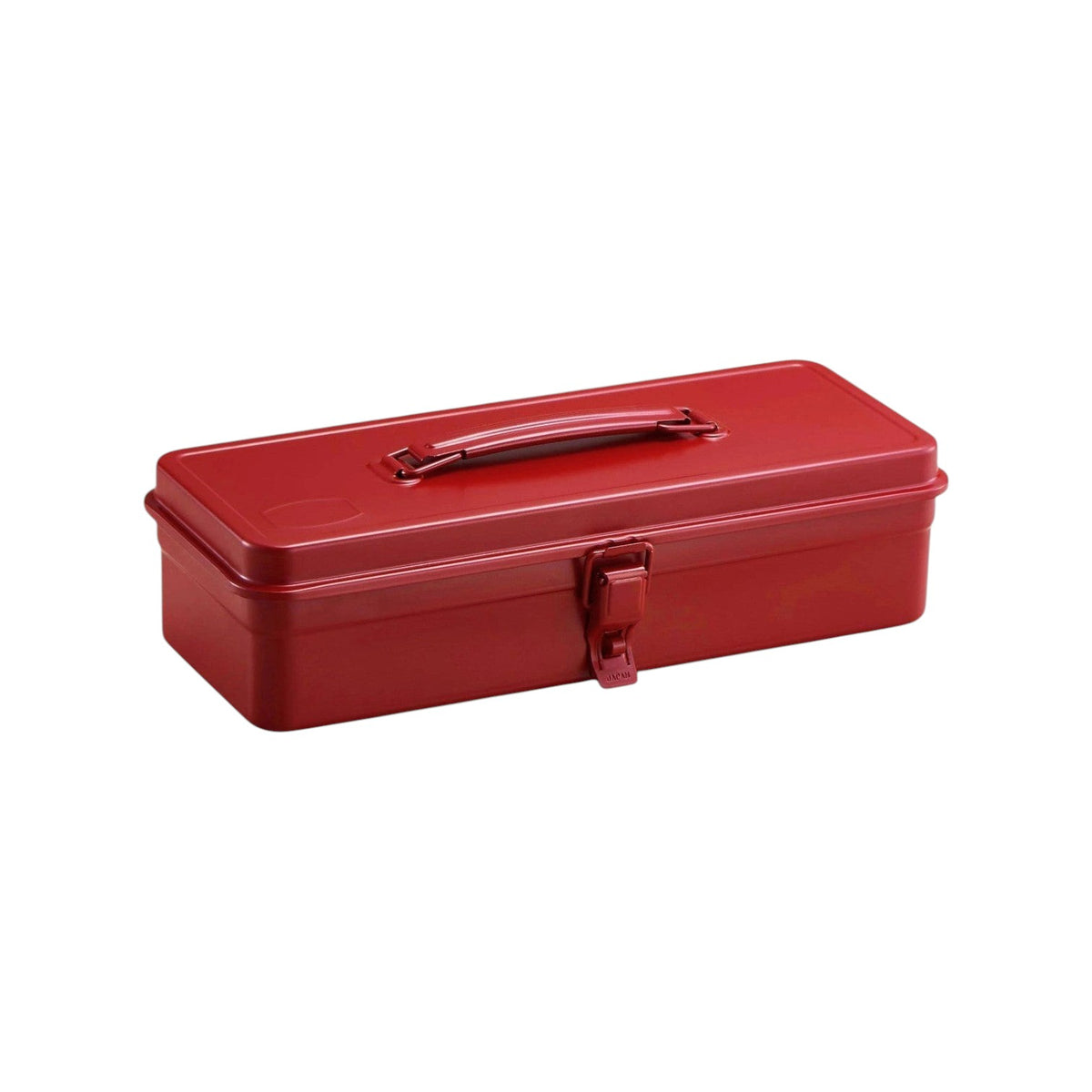 The Tiny Finch red steel trunk shape toolbox with a flat lid and top handle for durable storage.