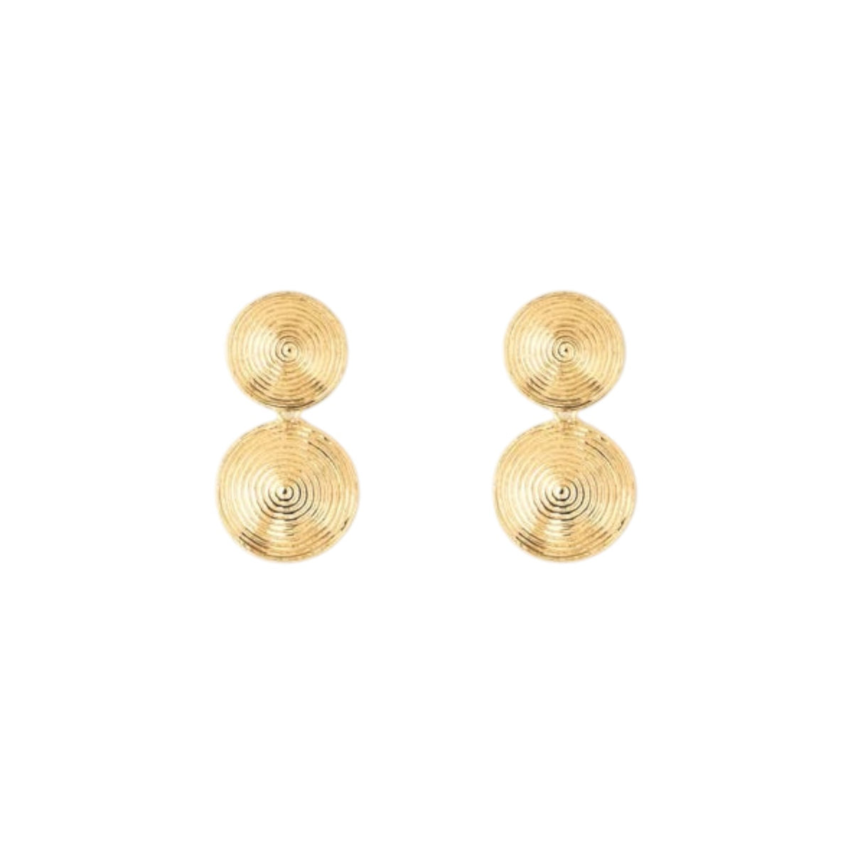 The Tiny Finch Rita earrings featuring two gold-plated sterling silver discs with a sculptural spiral texture.