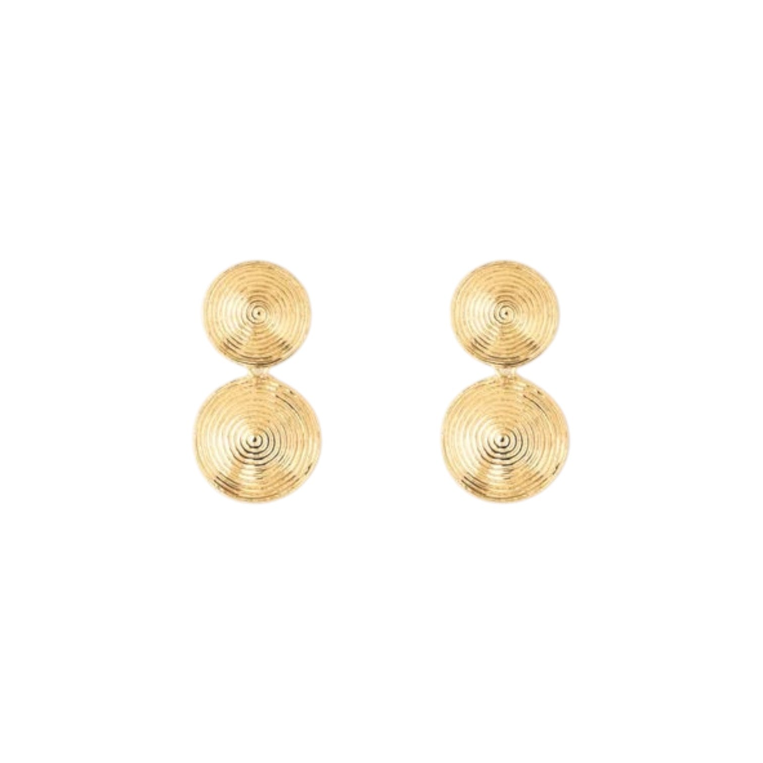 The Tiny Finch Rita earrings featuring two gold-plated sterling silver discs with a sculptural spiral texture.