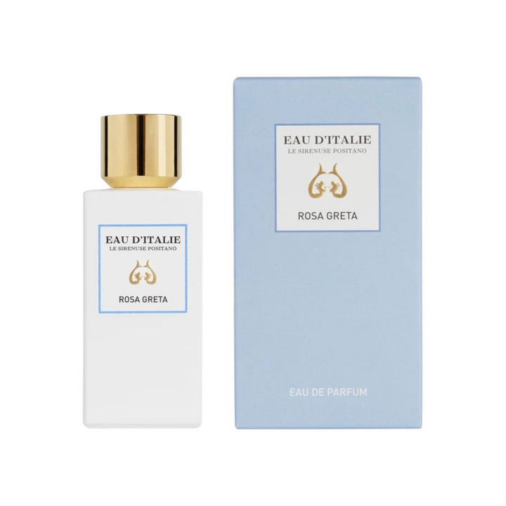The Tiny Finch Rosa Greta parfum bottle and light blue box featuring Damascus rose and white tea scent notes.