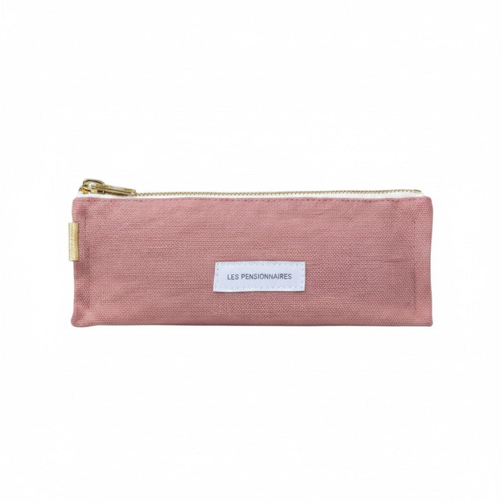 The Tiny Finch Les Pensionnaires rosewood organic cotton canvas pencil case with a gold zipper and white logo label.