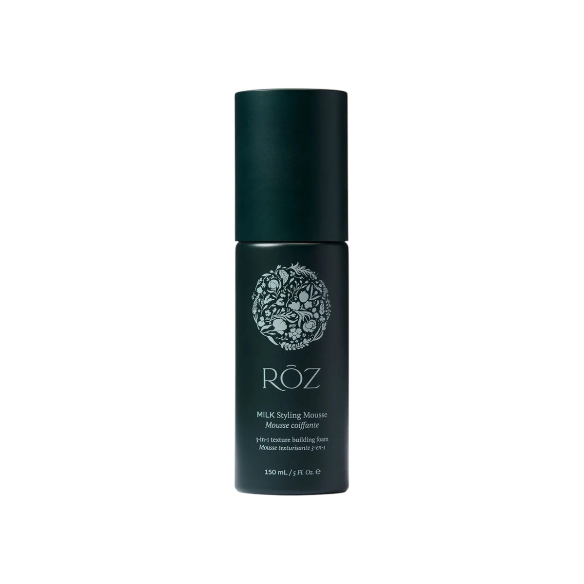 The Tiny Finch ROZ Milk Mousse styling foam in a dark green bottle for hydrating and defining hair textures.