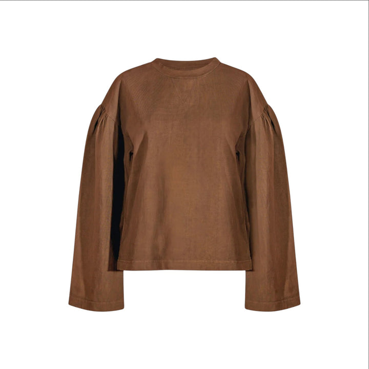 The Tiny Finch Bailey Renee Intent Top in sable brown cotton knit with relaxed fit and gathered sleeves.