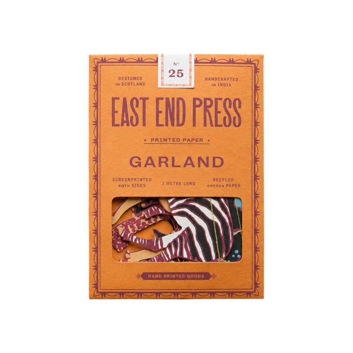 The Tiny Finch East End Press safari animal garland in orange packaging with screen printed paper animal shapes.