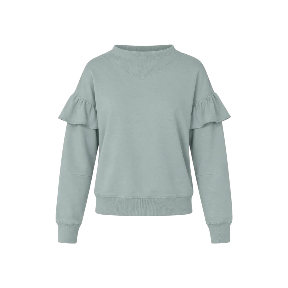 The Tiny Finch Kismet sweatshirt in sage green cotton terry with sculptural ruffle sleeves and ribbed trim.