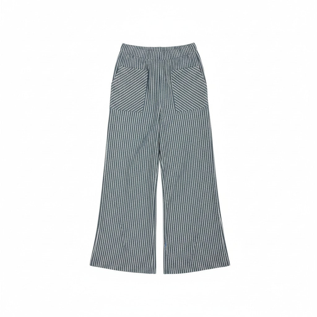 The Tiny Finch Miley sailor stripe wide-leg pants in blue and white with an elastic waistband and front patch pockets.