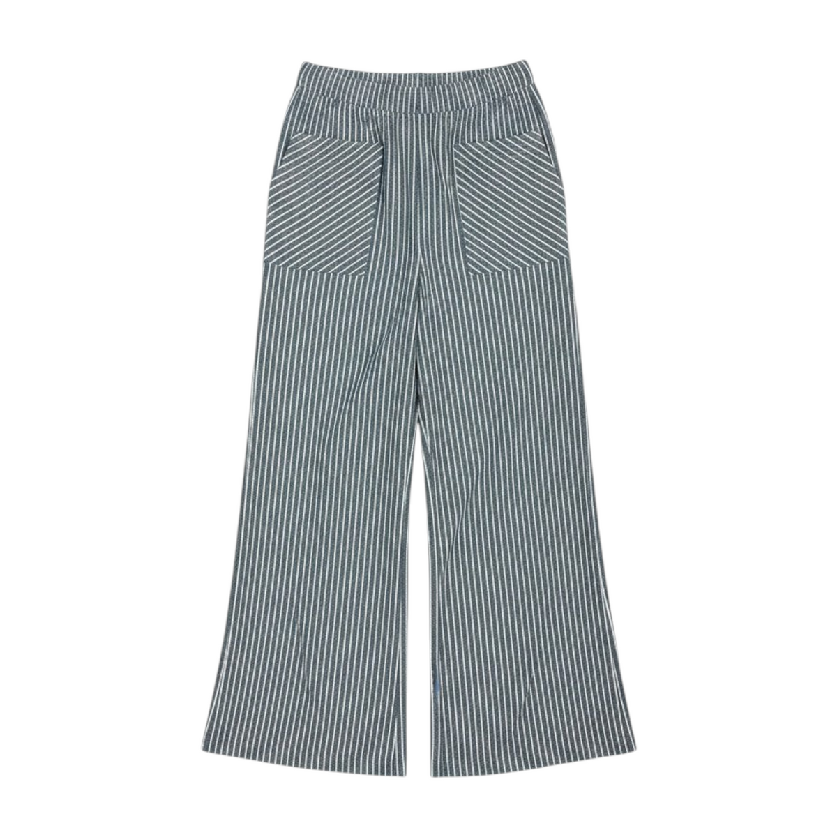 The Tiny Finch Miley sailor stripe wide-leg pants in blue and white with an elastic waistband and front patch pockets.