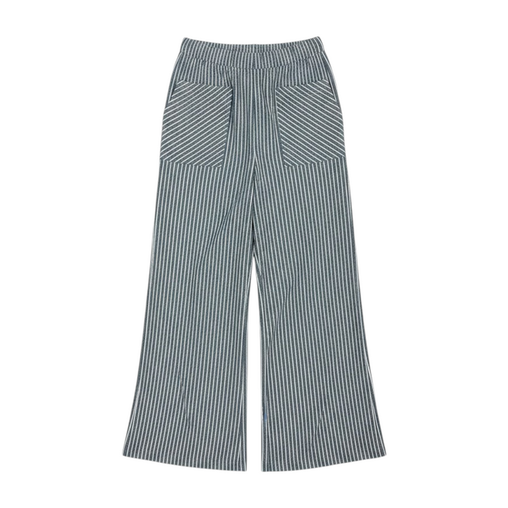 The Tiny Finch Miley sailor stripe wide-leg pants in blue and white with an elastic waistband and front patch pockets.