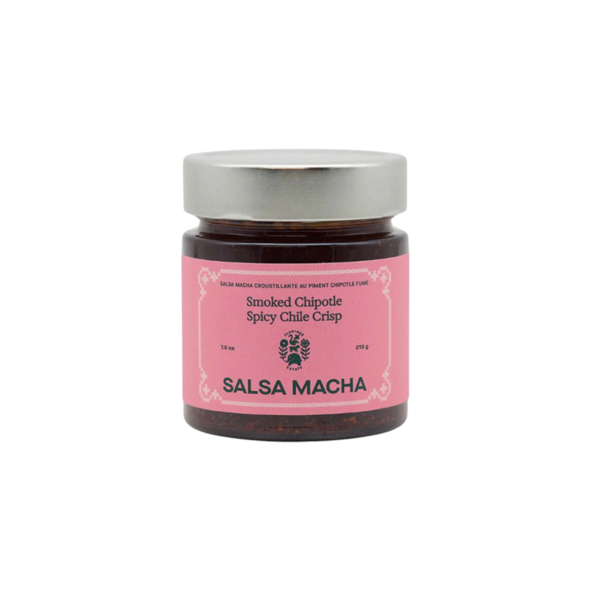 The Tiny Finch Salsa Macha Chile Crisp in a glass jar with a pink label featuring smoked chipotle and garlic oil.