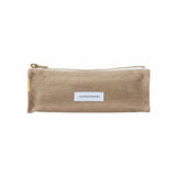 The Tiny Finch Les Pensionnaires sand beige organic cotton canvas pencil case with a gold zipper closure.