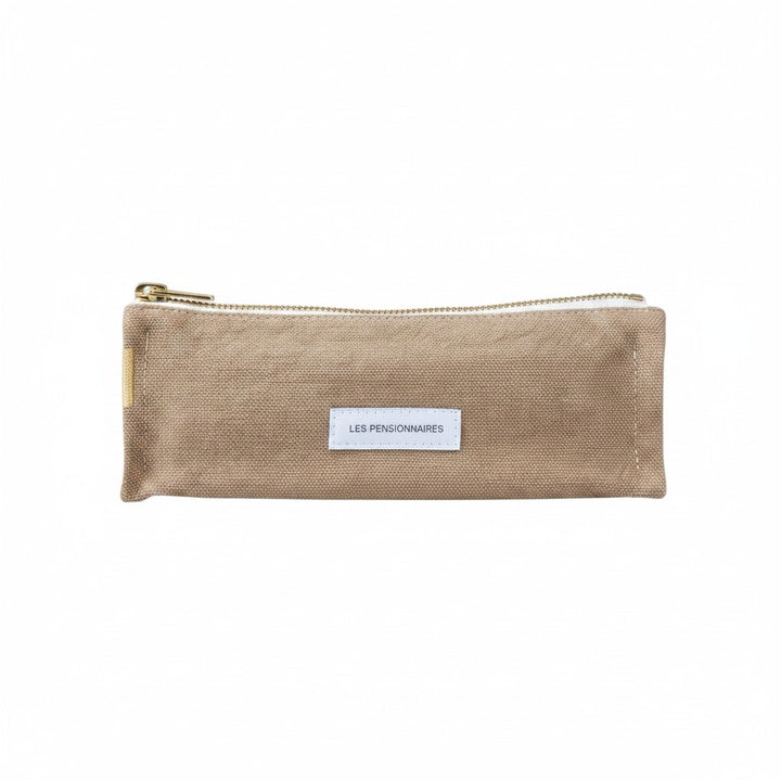 The Tiny Finch Les Pensionnaires sand beige organic cotton canvas pencil case with a gold zipper closure.