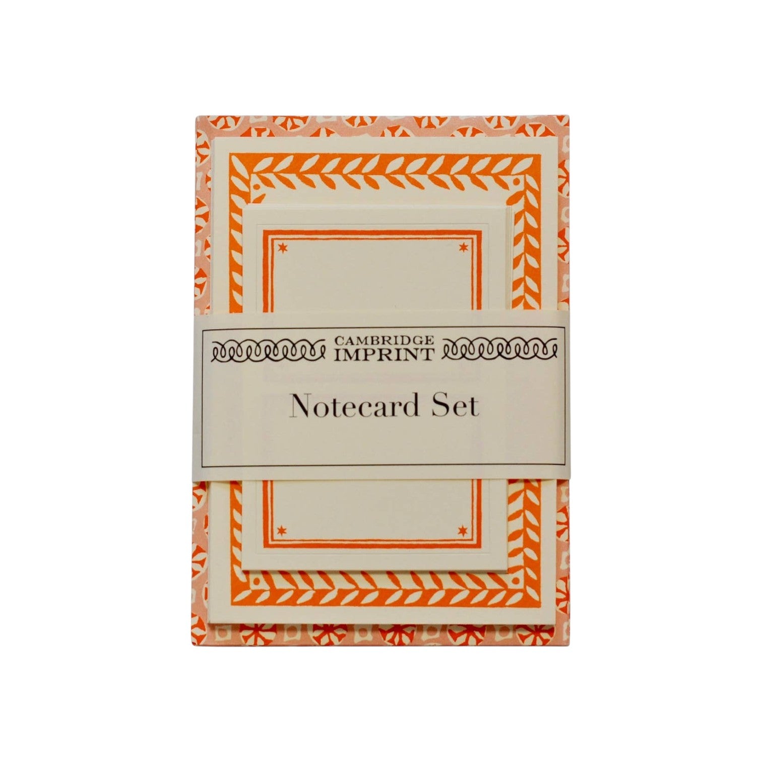 The Tiny Finch Sea Urchin neon notecard set with patterned borders and coordinating envelopes in orange and white.