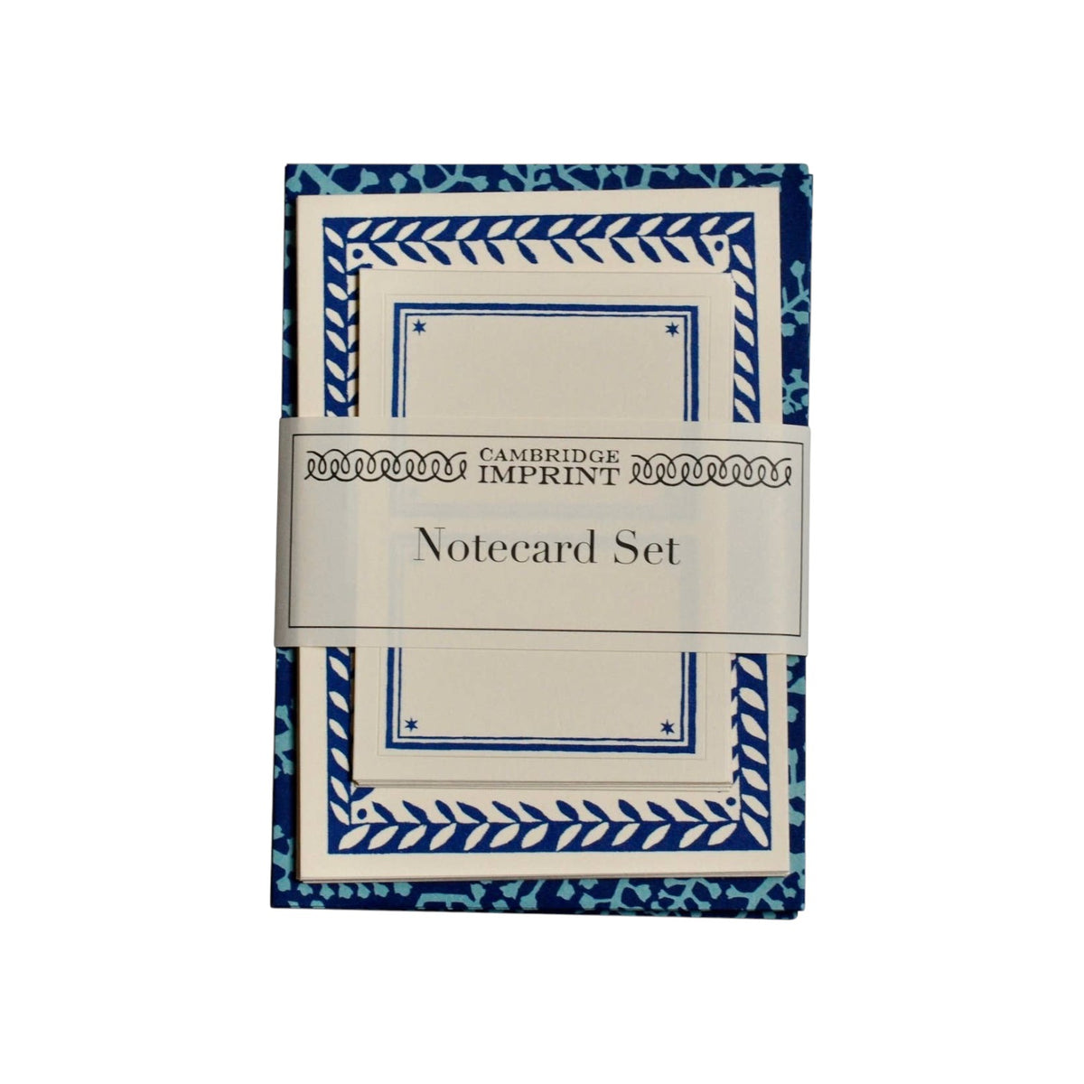 The Tiny Finch Cambridge Imprint notecard set with blue seaweed paisley patterns and matching envelopes.