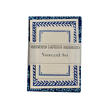 The Tiny Finch Cambridge Imprint notecard set with blue seaweed paisley patterns and matching envelopes.