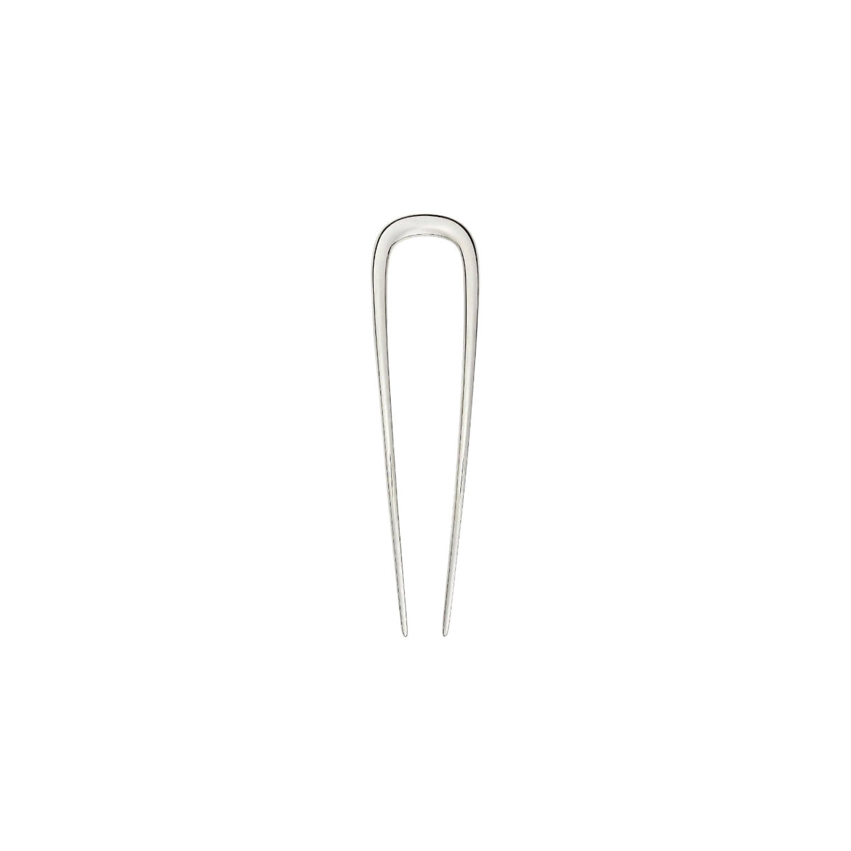 The Tiny Finch 5-inch handcrafted silver stainless steel French hair pin for updos on a neutral background.