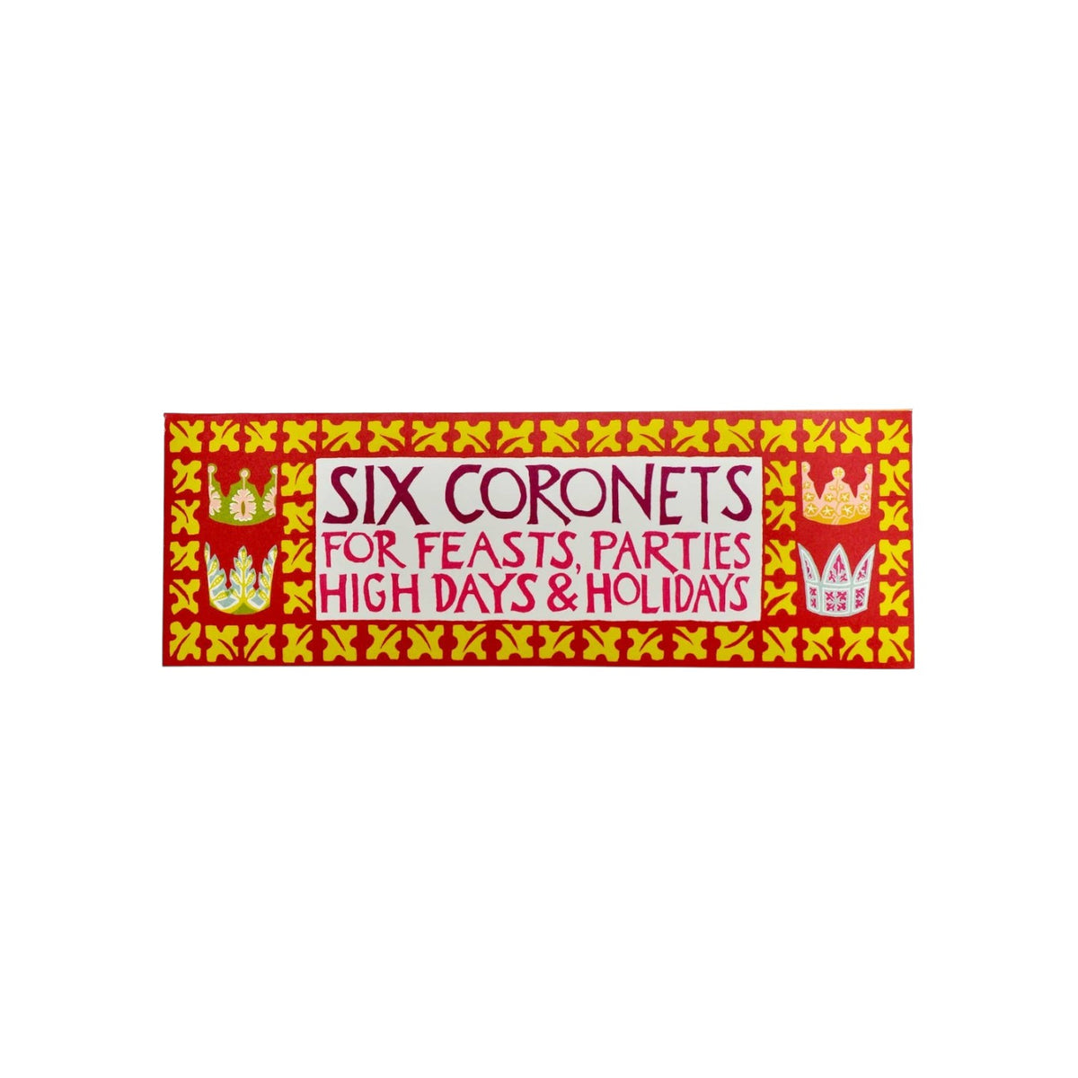 The Tiny Finch Six Coronets packaging featuring red and yellow patterned paper crowns for parties and holidays.