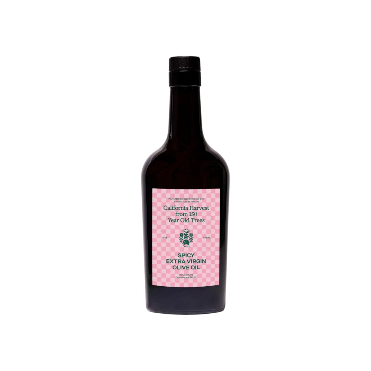 The Tiny Finch Flamingo Estate spicy extra virgin olive oil in a dark glass bottle with a pink checkered label.