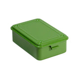 The Tiny Finch T-150 stackable steel storage box in Japanese tea green with a flat lid and secure stacking design.