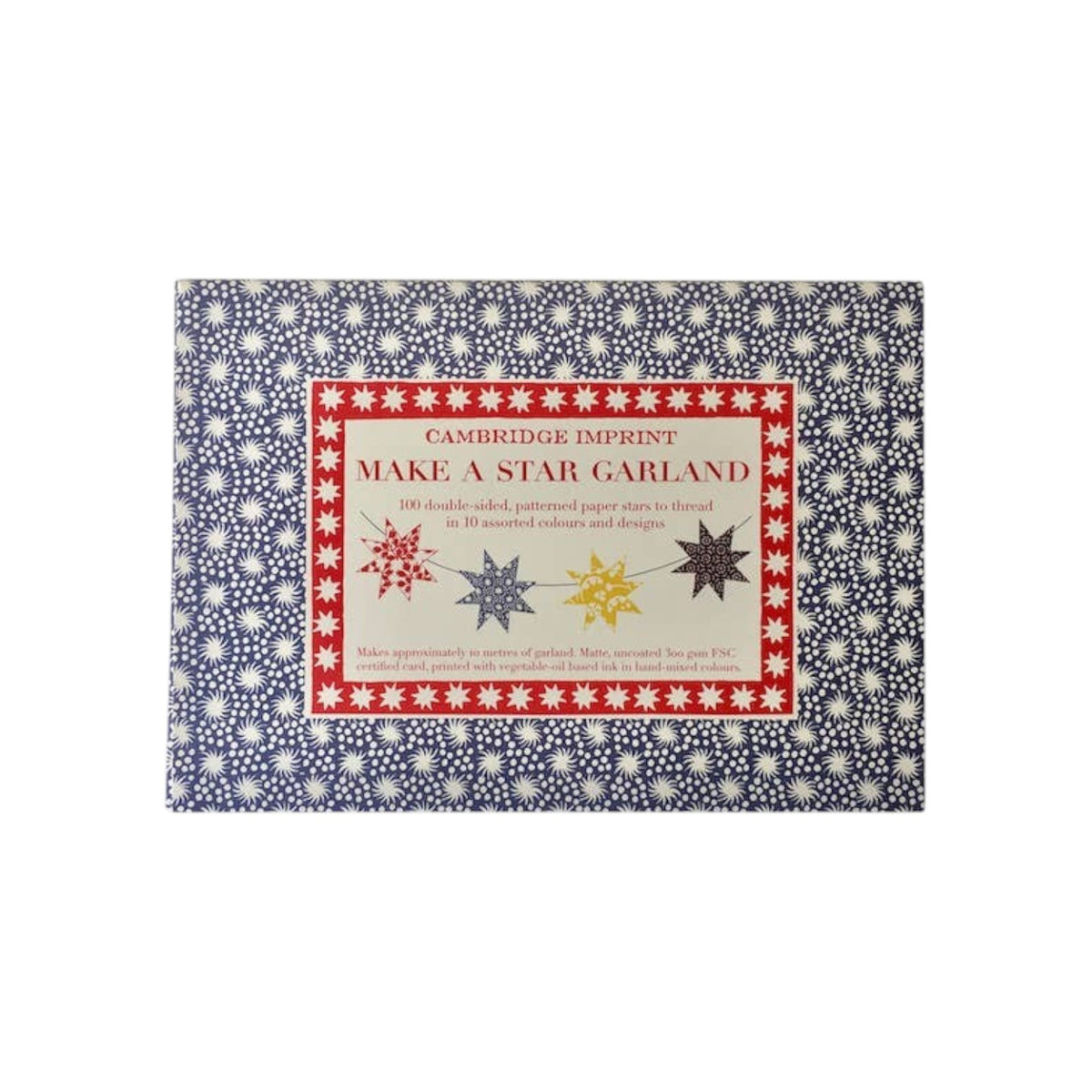 The Tiny Finch Make A Star Garland kit in a blue patterned card wallet with red and white star design details.