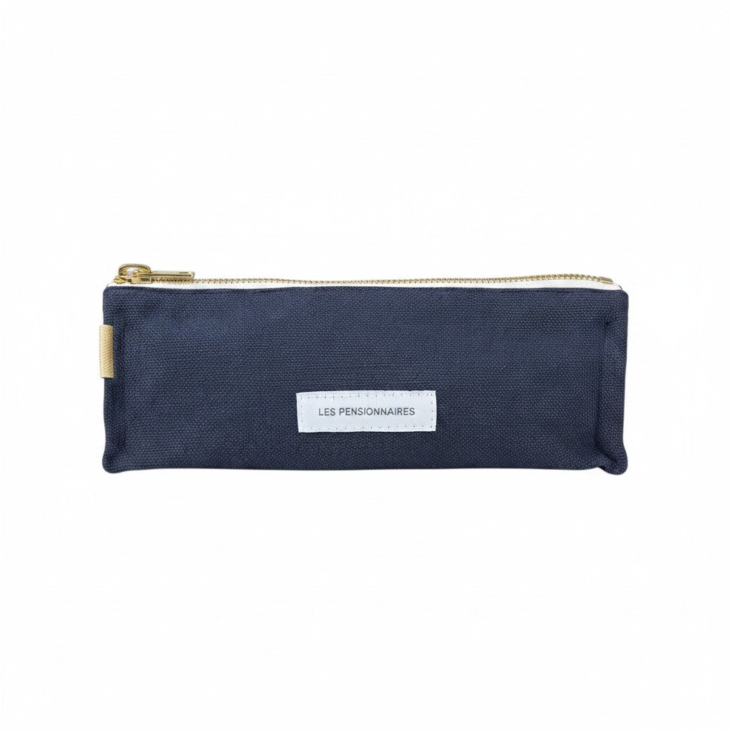 The Tiny Finch Les Pensionnaires storm blue organic cotton canvas pencil case with a gold zipper and white label.