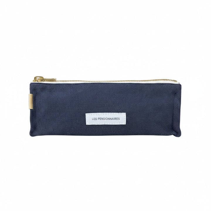 The Tiny Finch Les Pensionnaires storm blue organic cotton canvas pencil case with a gold zipper and white label.