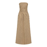 The Tiny Finch strapless midi dress in Rita Stripe Port featuring a pleated bodice and A-line cotton silhouette.
