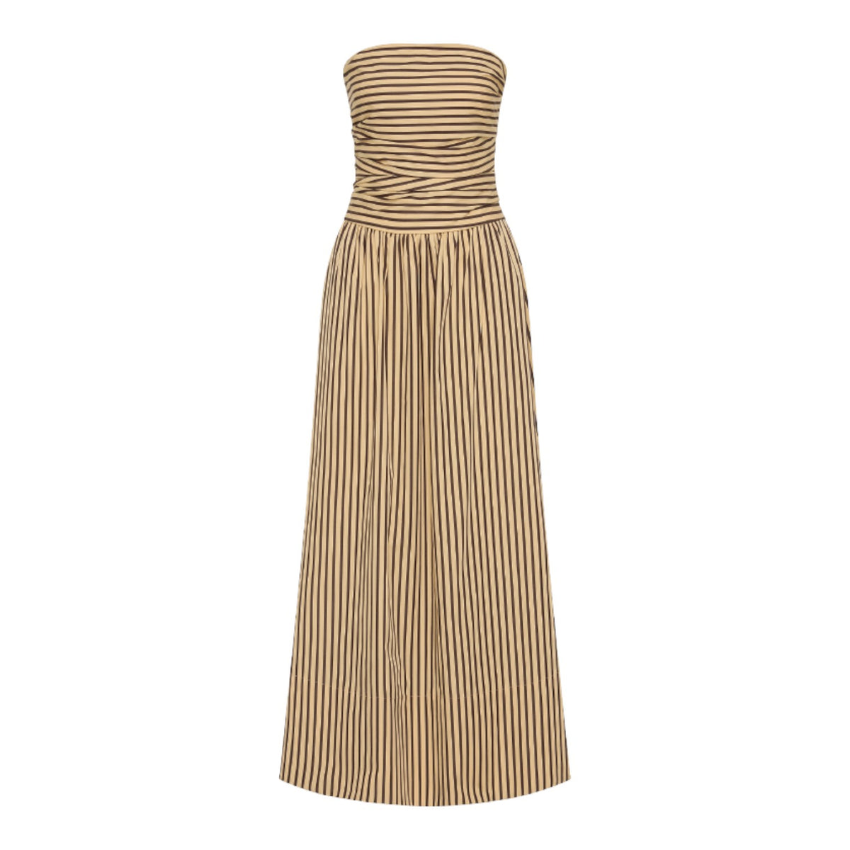 The Tiny Finch strapless midi dress in Rita Stripe Port featuring a pleated bodice and A-line cotton silhouette.